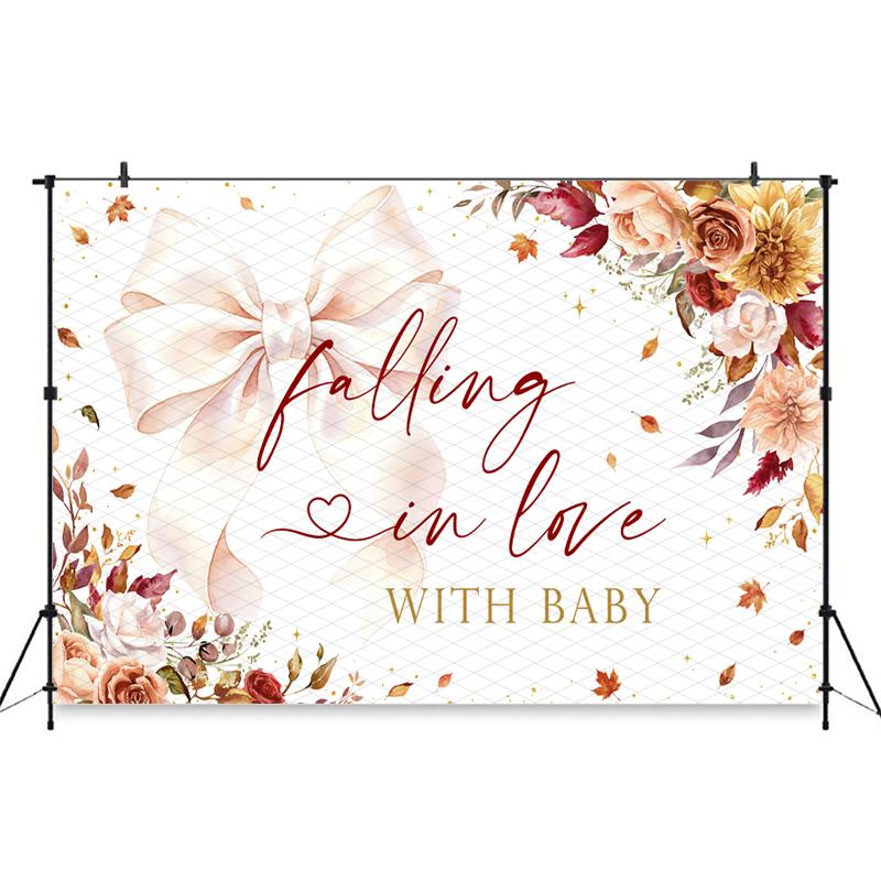 Mocsicka Falling In Love With Baby Photography Backdrop Autumn Floral Bow Background Cloth Decors Fall Baby Shower Photo Booth