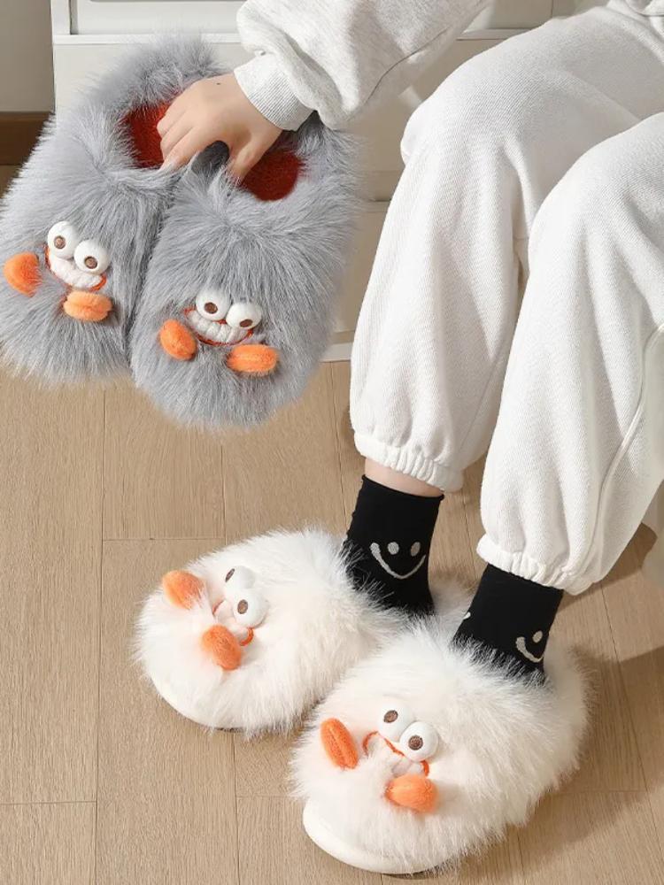 Модные милые тапочки с изображением монстра с большими глазами, осенне-зимние новые уличные туфли из искусственного меха, забавные теплые плюшевые тапочки с толстой подошвой