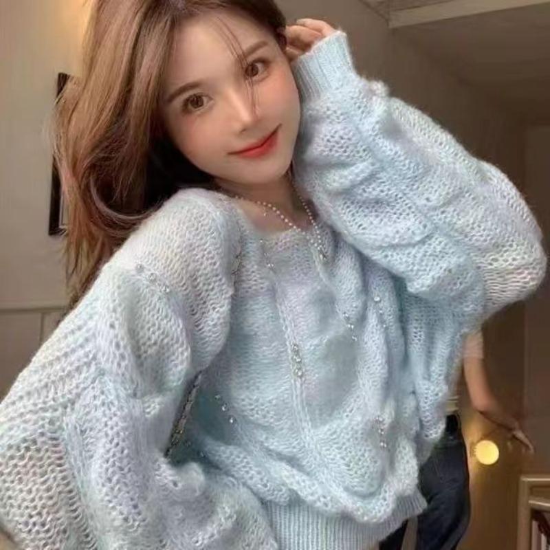 Пуловер, женский свитер, 2023, мягкий клеевой короткий свитер, весенний, с круглым вырезом, корейский свободный вязаный свитер с длинными рукавами, женский пуловер
