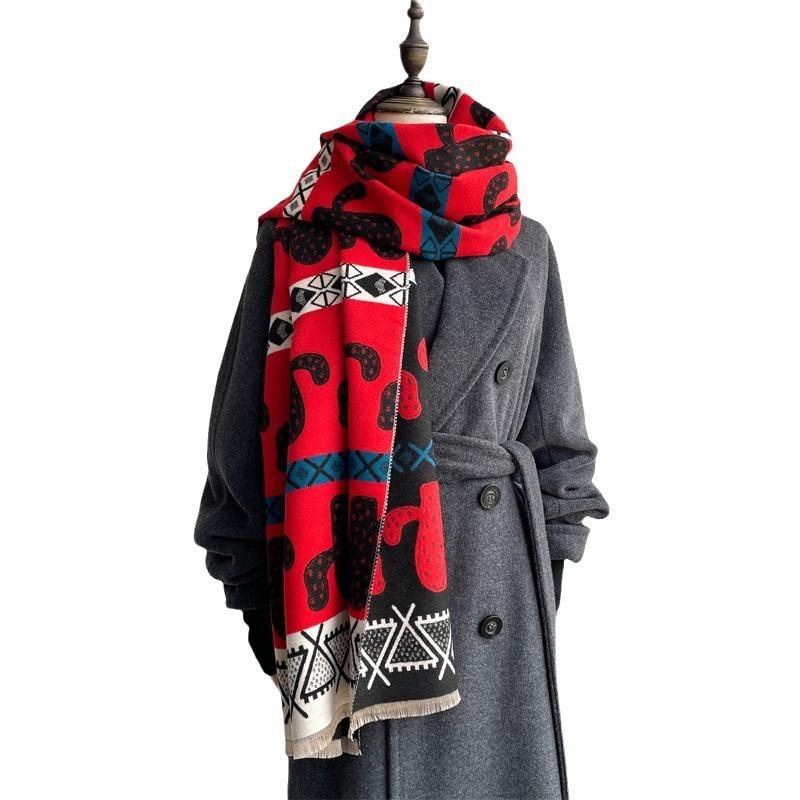 Imitation Cashmere Scarf Women's Nordic Style Decoration Warm Dual-purpose Double-sided Shawl Creative Printing Fringed Autumn and Winter Scarf