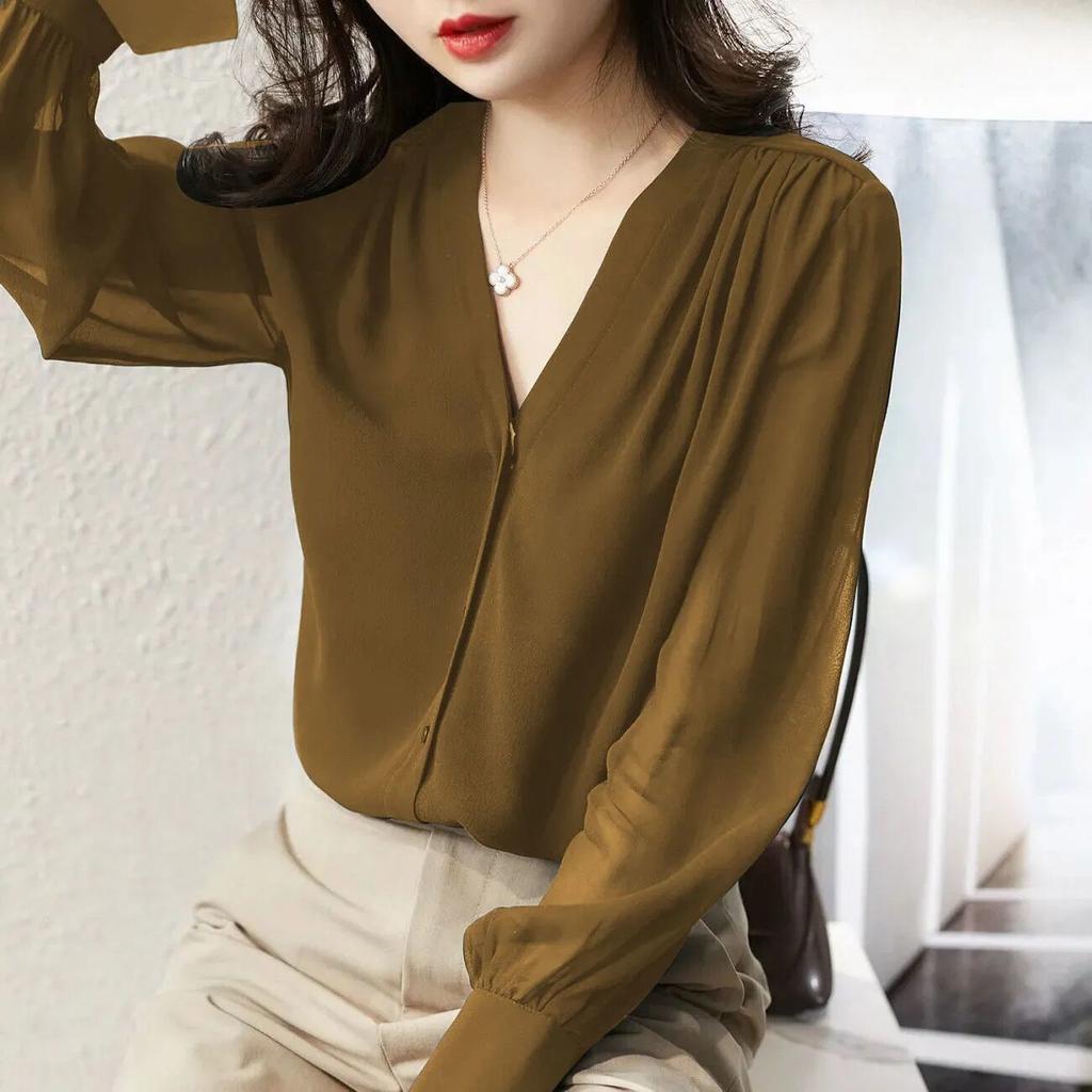 Long Sleeve Shirt for Women Spring and Autumn V-neck Design Top Temperament Loose Chiffon Shirt for Women