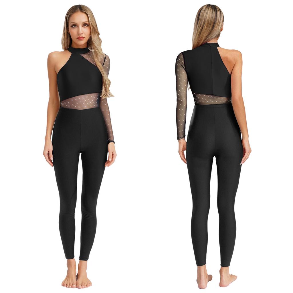 One Shoulder Dance & Stage Bodysuit for Women S-XXL: Sparkling Rhinestone & Sheer Mesh Long Sleeve Gymnastics Costume