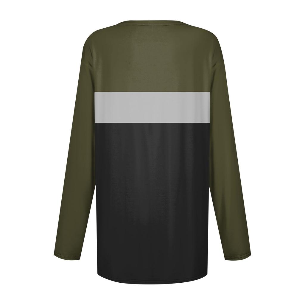 Женская мода повседневный свитер футболка с круглым вырезом карман полосатый пэчворк принтованный топ с длинным рукавом