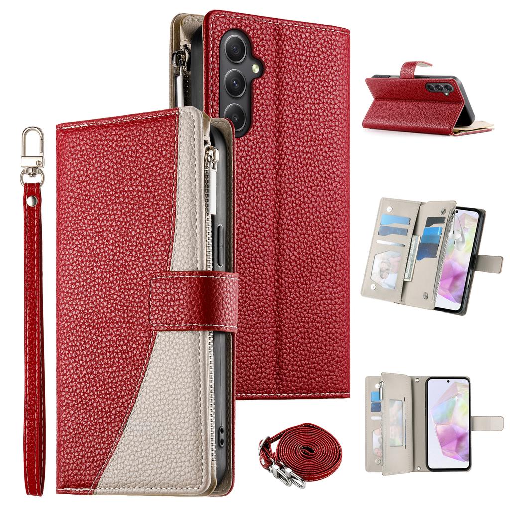 For Samsung Galaxy A35 5G Case Zipper Wallet Color Splicing Leather Flip Phone Cover with Straps