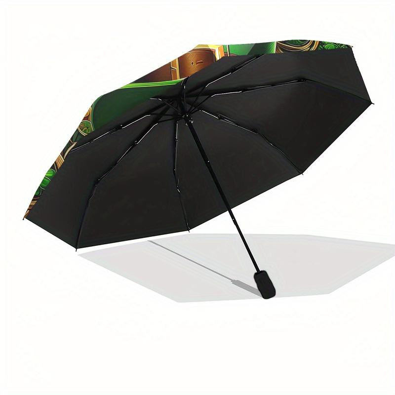 Irish Leprechaun St. Patrick's Day Clover Ornament Decoration Umbrella, Cute Umbrella with Cute Design, Portable 3-Fold Compact Umbrella for Men & Wom