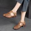 Hollow-out Knitted Breathable Sandals Women Retro Genuine Leather Comfortable Thick Heeled Shoes