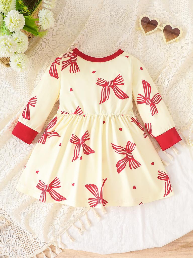 Платье с длинным рукавом и оборками для девочек, базовое с круглым вырезом, повседневное, мягкое платье с принтом для детей