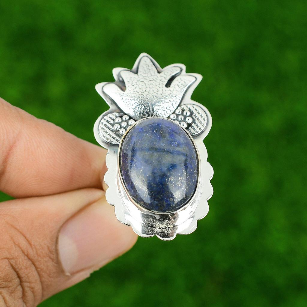 925 Sterling Silver Natural Lapis Lazuli Solitaire September Birth Ring Jewelry