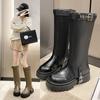 Women Knee High Boots Autumn and Winter , New British Style Thick Soled Double Leg Boots with Belt Buckles and High Boots