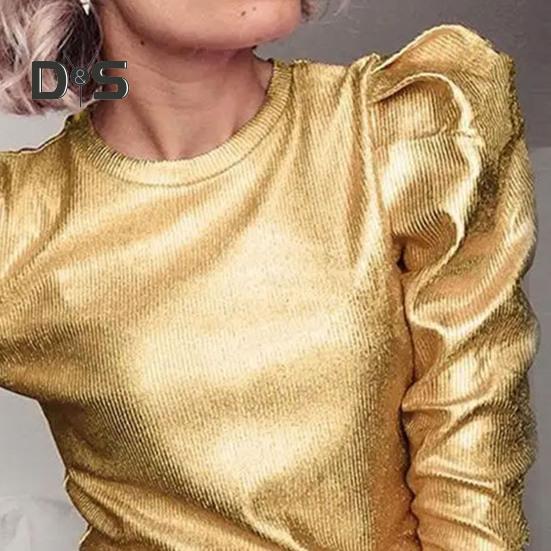 Spring Autumn Women Tops Round Neck Long Sleeve Pullover Tops Punk Style Solid Pink/Golden/Silver Color Loose Casual T-shirt Ladies Fashion Casual