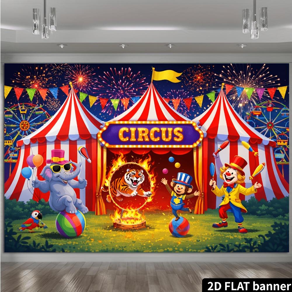 2D flat circus party banner background. Circus carnival theme featuring red and white striped tents and clowns.