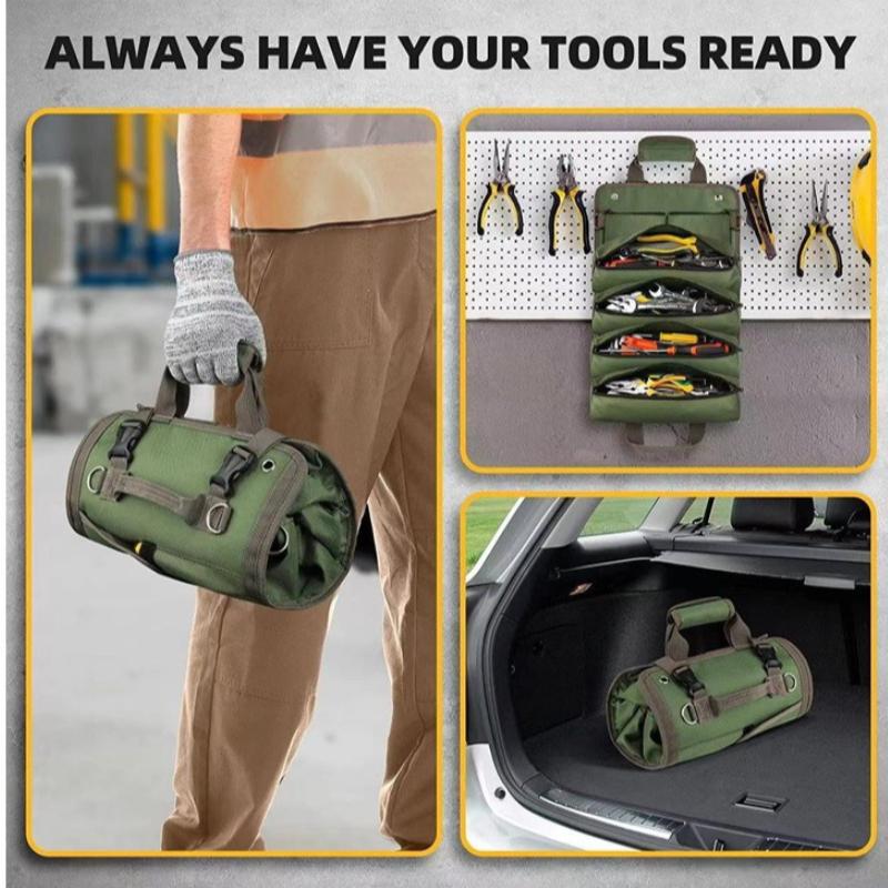 Multi Purpose Roll Up Tool Bag Canvas 5 Zipper Pockets Storage Pouch