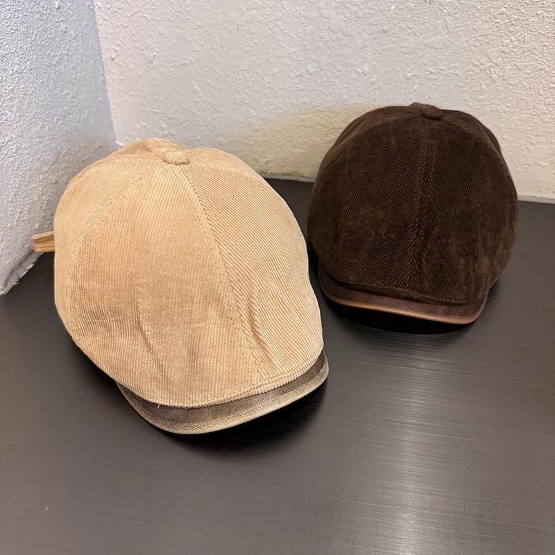 American retro solid color corduroy PU forward hat autumn and winter men and women simple street versatile duckbill beret tide