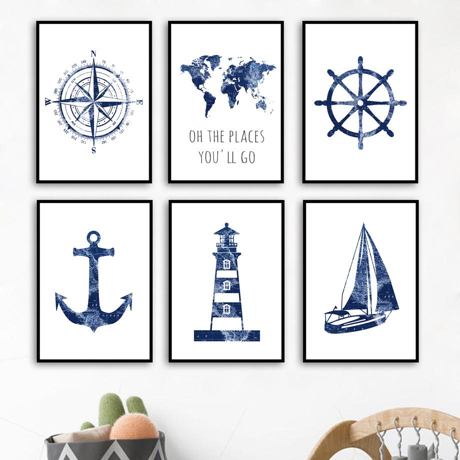 Карта мира Воздушный шар Парусник Компас Ретро Настенное искусство Скандинавские постеры Живопись Мультяшные картинки Декор детской комнаты Печать на холсте