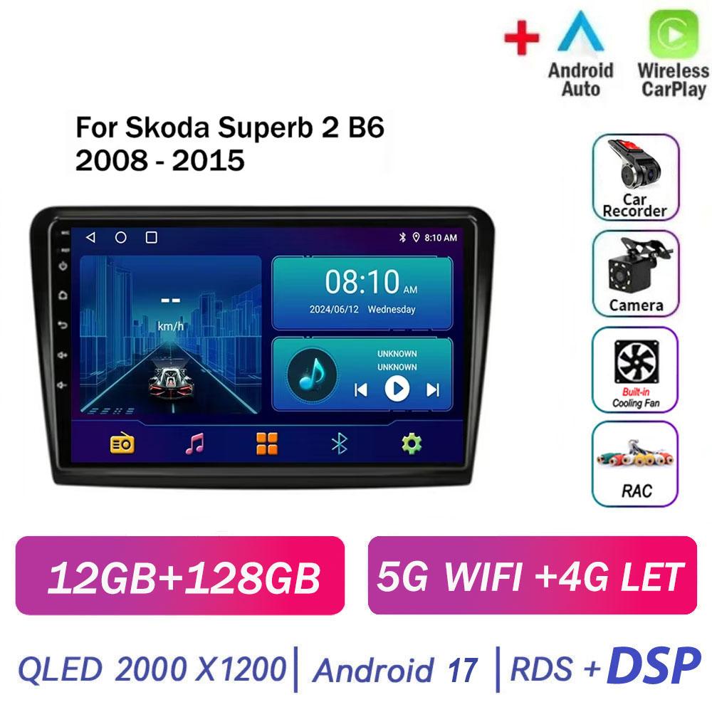 Autoradio Android 17 pour Skoda Superb 2 B6 2008-2015 avec Carplay, Navigation, Lecteur Multimédia, GPS, WiFi+4G, Vidéo, BT, Unité Centrale 2 DIN