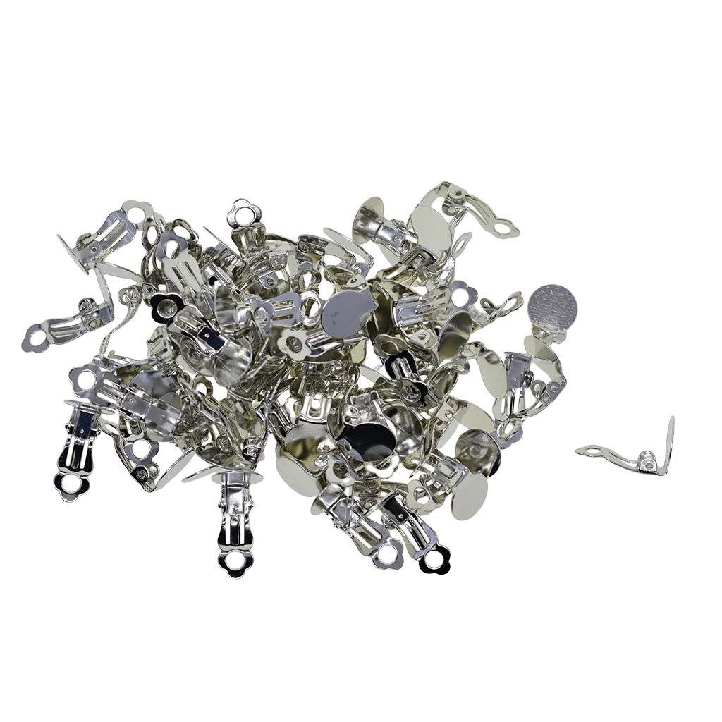 100pcs Flat Round Tray Clipon Earring Hook Components Silver Color