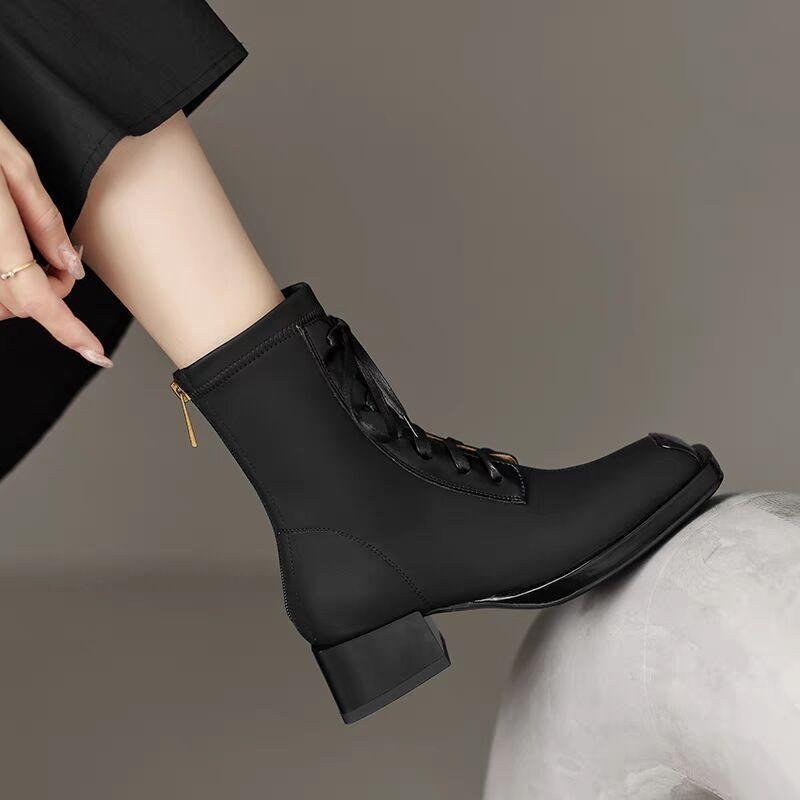 Square Head Side Zipper Chelsea Short Boots Women's 2025 Spring and Autumn Thick Heel Single Boots Martin Boots