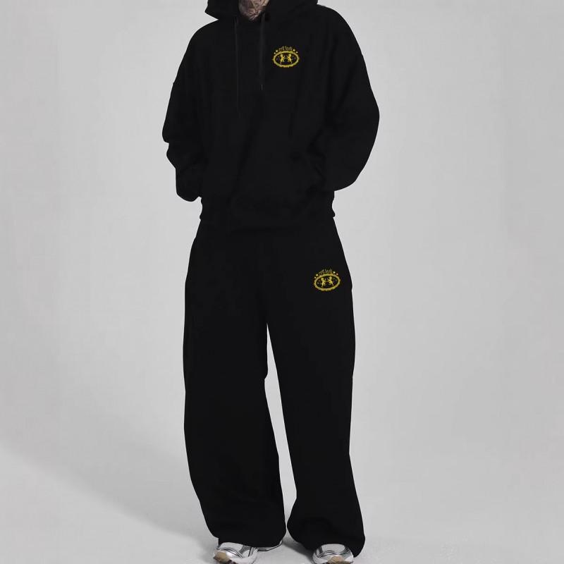2026 Mens Hooded Tracksuit Retro Street Style Ellipse Lion Print Long Sleeve Top Pants Casual Set
