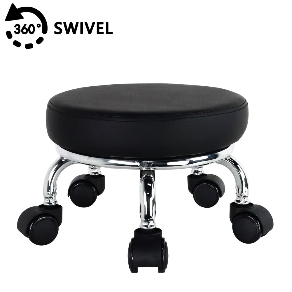WKWKER Modern Stool with PU Circular Rolling Small Multidirectional Wheeled Low Height Suitable for Home Garages and Stores Wheels, Leather, Stool,