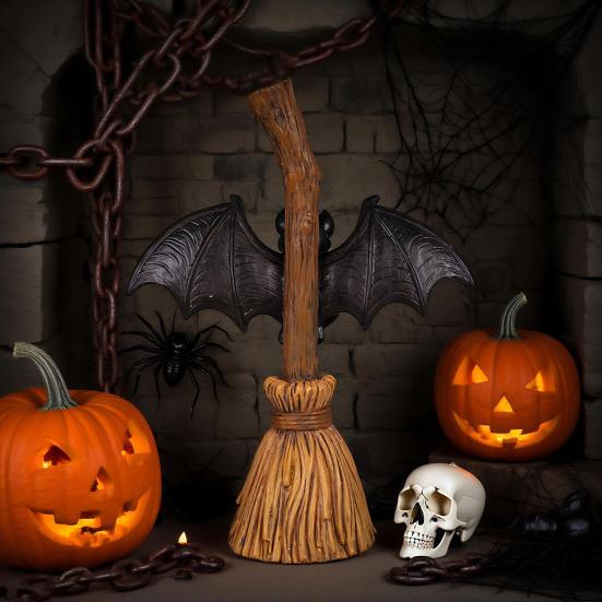 Хэллоуинская метла, фигурка летучей мыши, смола, летучая мышь с красными глазами, настольное украшение для дома в помещении и на улице, декор для патио
