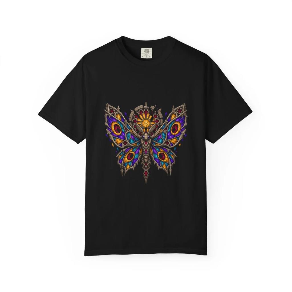 Mosaic Moth Gothic Stained Glass T-Shirt Black Front Print Comfort Colors 1717