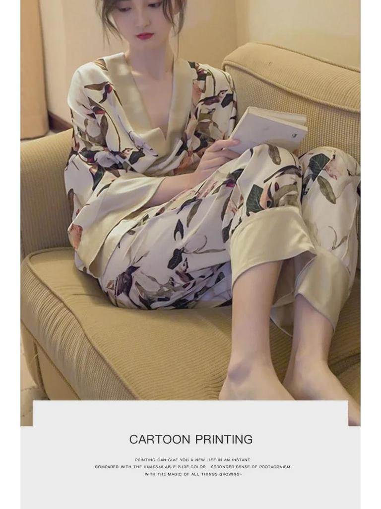 Стильный осенний пижамный комплект в китайском стиле для женщин: Топ с длинными рукавами и брюки, идеально подходят для отдыха или ношения на открытом воздухе