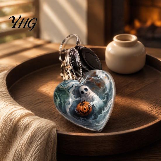 Decorative Car Rearview Mirror Pendants Halloween Ghost Keychain, Spooky Pumpkin Keyring Pendant, Lightweight Acrylic Key Chains Cute Heart Bag Charm