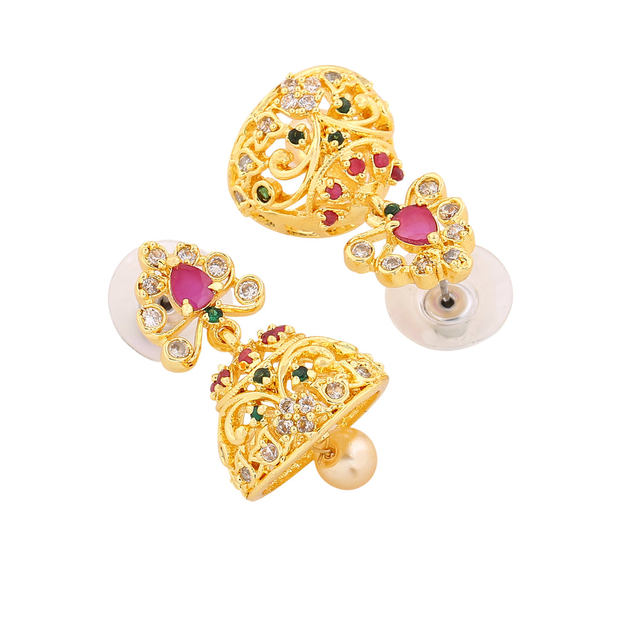 Gorgeous Women's Jhumki Earrings with Estele Gold Plated Zirconia and Pearls