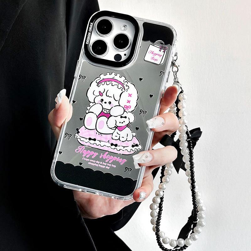 Чехол для iPhone Zhitai: Мультяшный дизайн, Браслет, Зеркало три-в-одном для iPhone 12/13/14/15 Pro Max Защитный чехол