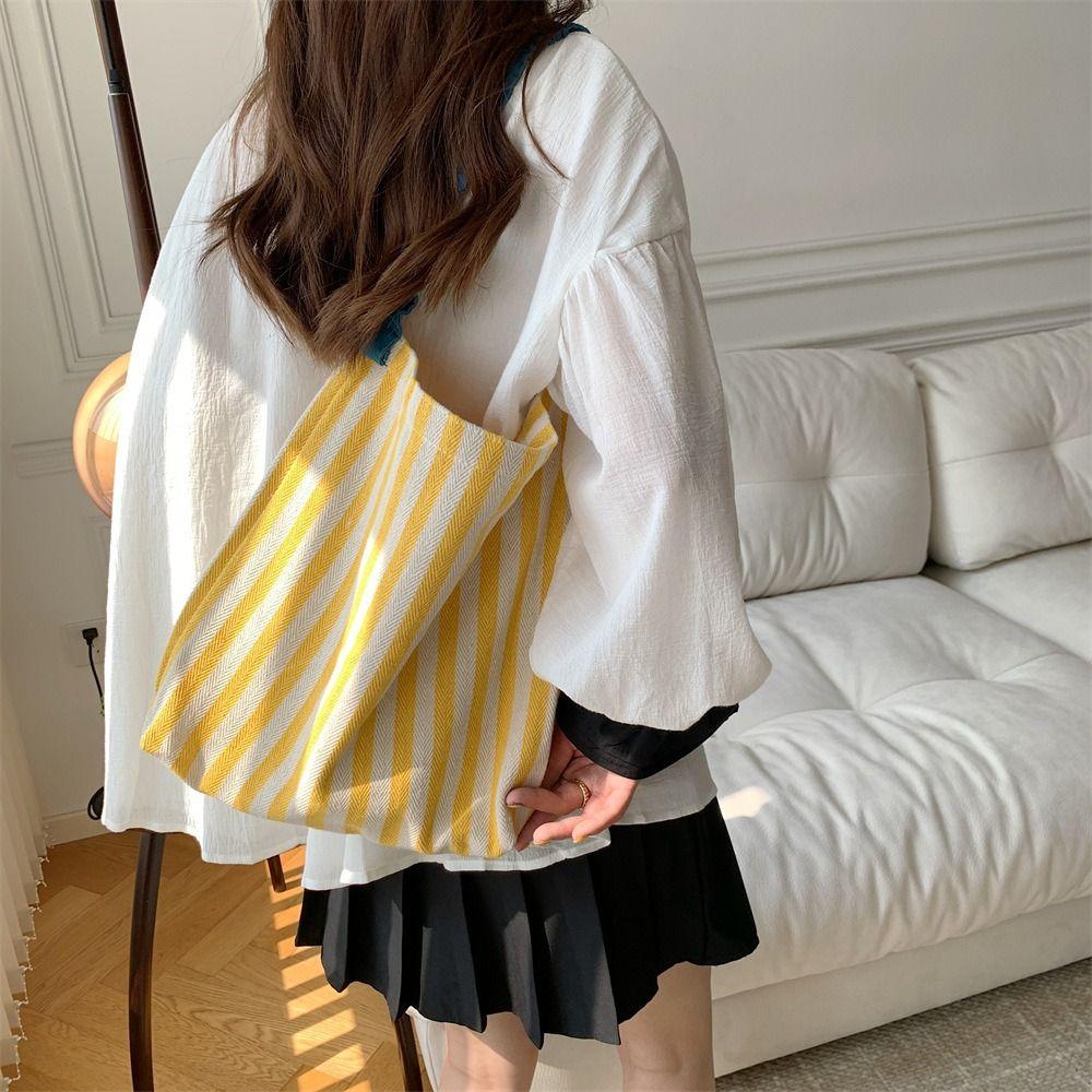 Large Capacity Stripe Canvas Bag Pleated Shoulder Strap Cloth Shoulder Bag Cute Tote Bag  Women
