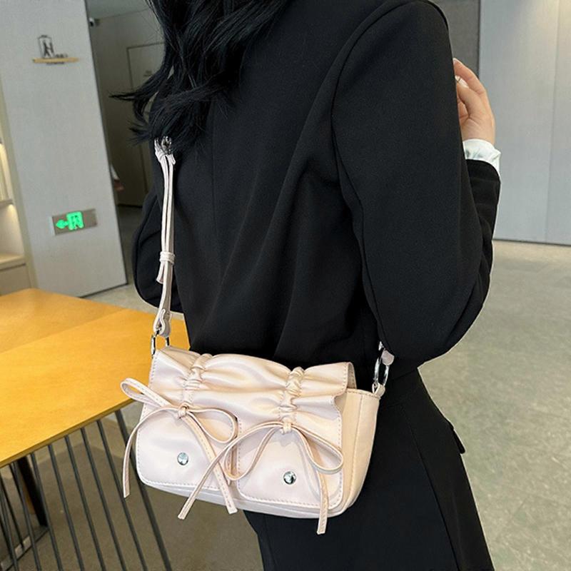 Elegant Bowknot Pu Leather Shoulder Bag for Women Versatile Crossbody Bags Satchel Handbag with Short Handle  Pink