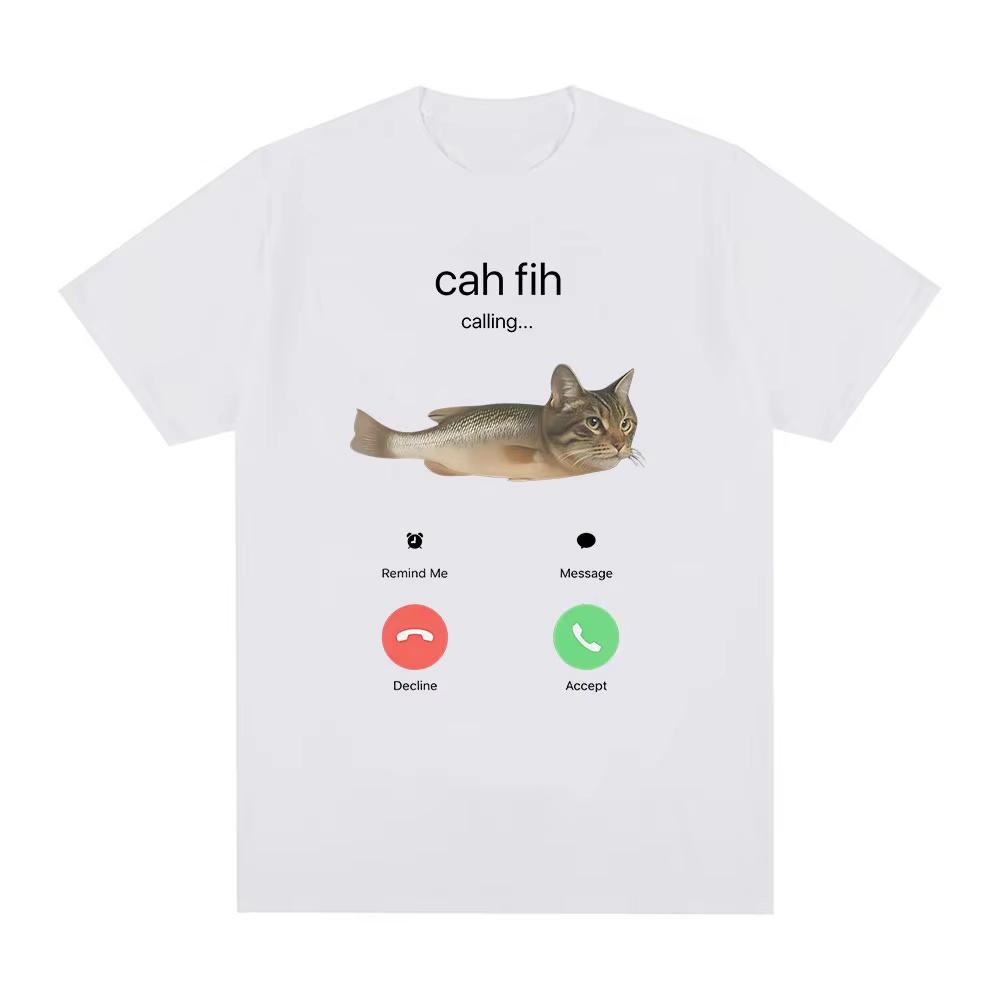Cah Fih Meme Tshirt Funny Calling Cat Fish Hybrid Meme T Shirt Absurd Humor Internet Culture Gift Viral Short Sleeves Tops
