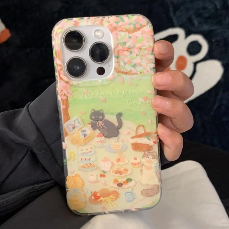 Однослойный Чехол для Пикника и Кемпинга Кошка для IPhone16/15pro Большое Отверстие Чехол для Телефона Apple 14/13/12 Набор