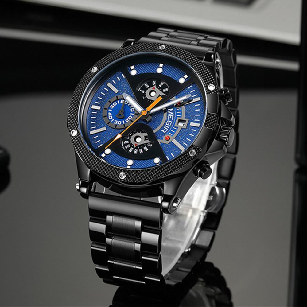 Megir Деловые кварцевые наручные часы с хронографом для мужчин с ремешком из нержавеющей стали и запасным силиконовым ремешком со светящимися стрелками с автоматической датой