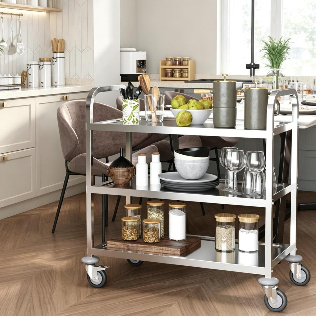 Three-Tier Serving Cart with Wheels, Practical Transport Cart, Versatile Rolling Cart (only with three-tier serving cart)
