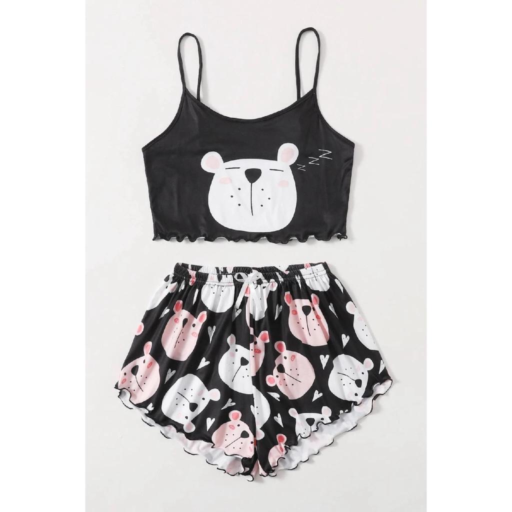 Ультрамягкий пижамный комплект с принтом «Спящий плюшевый мишка» и шорты с ремешками