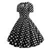 Women Dress Square Neck Short Sleeve Retro 1950s A-line Big Hem Button Decor Dot Print Color Matching Mid Waist Belted Bow Decor Midi Dress