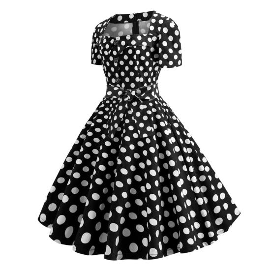 Women Dress Square Neck Short Sleeve Retro 1950s A-line Big Hem Button Decor Dot Print Color Matching Mid Waist Belted Bow Decor Midi Dress