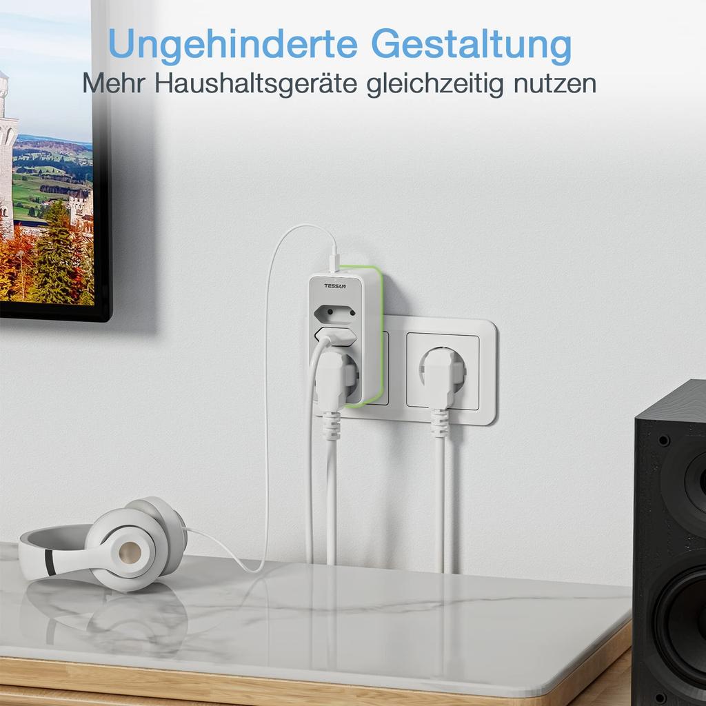 Tessan Компактная розетка с 2 портами USB, адаптером европейского стандарта 3 в 1 с защитой от перегрузки для офиса, дома, путешествий