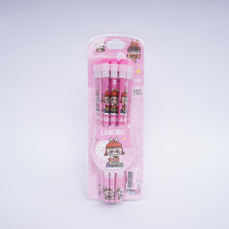 Набор из 12 мультяшных карандашей Labubu с ластиком и точилкой для карандашей, студенческие карандаши для письма и рисования, студенческие канцелярские товары, школьные принадлежности