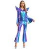 Metallic Shiny Bell Bottom Jumpsuit for Women S-3XL: Disco Style Romper with High Waist & Long Sleeves, Halloween Costume