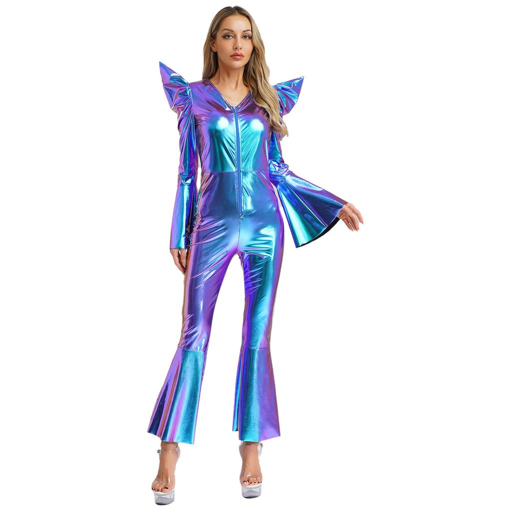 Metallic Shiny Bell Bottom Jumpsuit for Women S-3XL: Disco Style Romper with High Waist & Long Sleeves, Halloween Costume