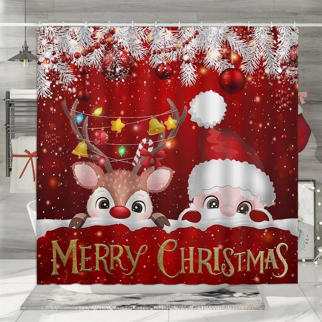 Christmas Shower Curtain, Winter Holiday Farm Snowman Santa Claus Christmas Tree Farmhouse Christmas Balls Bathroom Decoration