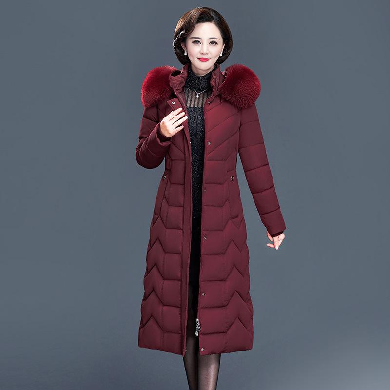 Women's Hooded Faux Fur Collar Chevron Quilted Long Puffer Coat Single Breasted Side Slit Winter Warm Outerwear