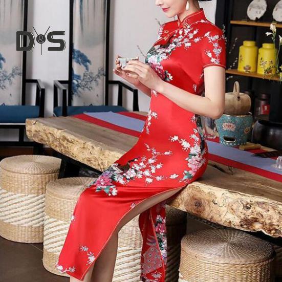 Women Dress Chinese National Style Floral Print Stand Collar Short Sleeves High Side Split Chinese Knot Buttons Cheongsam Satin Silky Slim Fit Summer