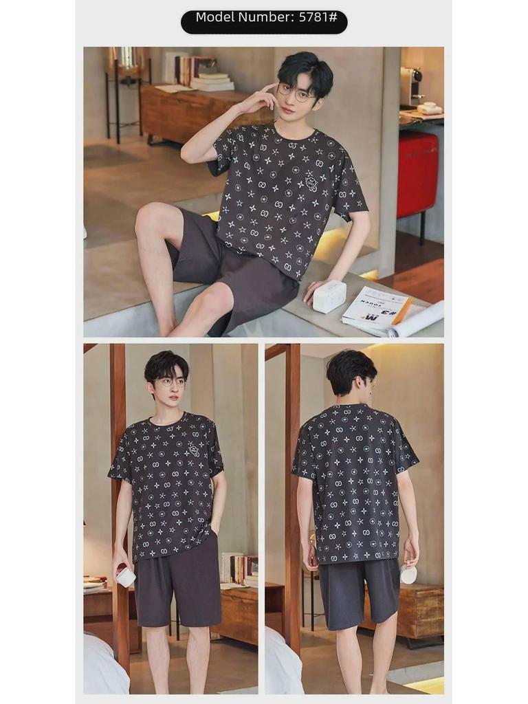 Men's Summer Striped Cartoon Pajama Set: Soft Cotton, Short-Sleeved Round Neck Top with Shorts, Large Size Boy's Homewear.