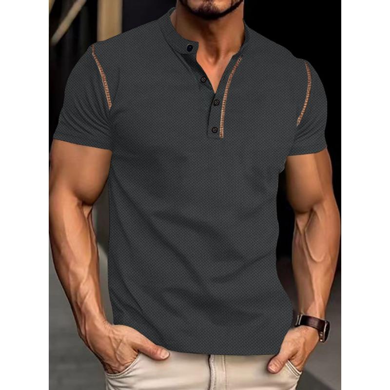 Men's Brown Textured Henley T-Shirt, Casual Short Sleeve Contrast Stitch Button Placket Top