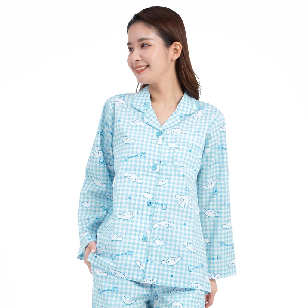 SAZAC Cinnamoroll Shirt Cotton Long Sleeve and Pants Gingham Cinnamoroll Pajamas, 100% Broadcloth, Women's Set, Loungewear, (Mint/M/SAN1780)