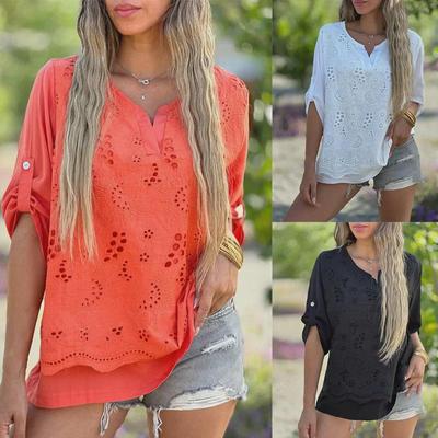 2023 Осень Однотонный Топ-рубашка с сетчатыми вставками и рукавами, которые можно подворачивать