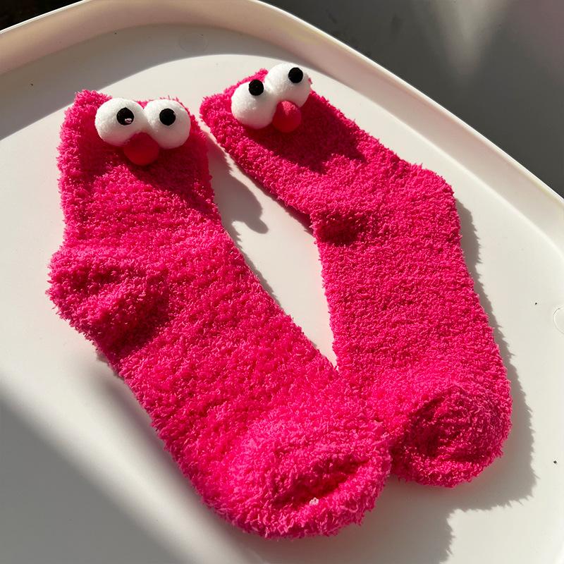 Мультяшные носки с большими глазами для женщин, кавайные милые пушистые плюшевые напольные носки, зимние утолщенные теплые носки из кораллового флиса, женские забавные носки